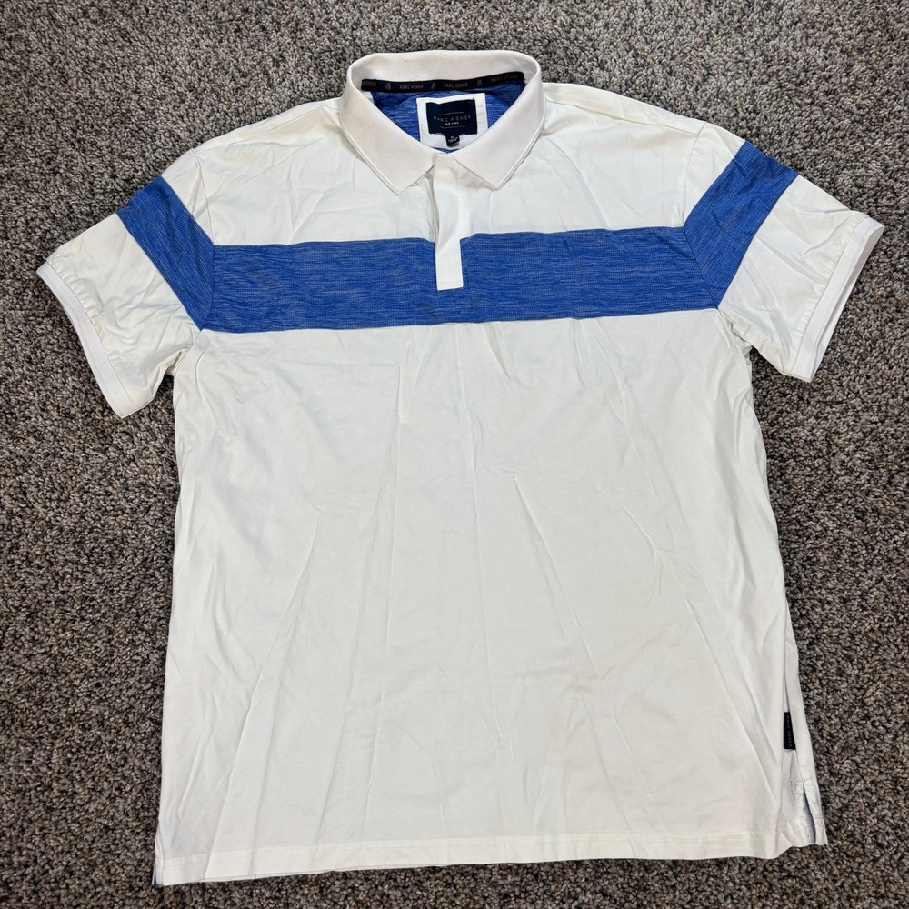 Marc Asher New York Men's XL Polo Shirt White Blue Stripe Short Sleeve Top